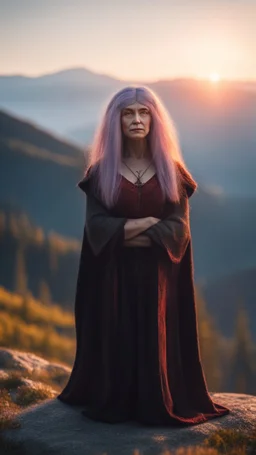 portrait of witch with wig as yoga Vampire walrus in carpathians montains sun set ,bokeh like f/0.8, tilt-shift lens 8k, high detail, smooth render, down-light, unreal engine, prize winning