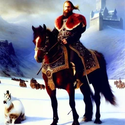 portrait of 'The Northman-Viking King on horse',ancient metal armor,castle,army, snow, cold, painting by gaston bussiere, greg rutkowski, yoji shinkawa, yoshitaka amano, tsutomu nihei, donato giancola, tim hildebrandt, evan lee,oil on canvas, cinematic composition, extreme detail,fit full head inside picture,16k