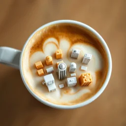 miniature art, close up top-down view of a latte with a maximal complex Seattle city skyline formed in the milky foam, macro photo, fantastical, professional photography, looks like an advertising campaign photo, delicious