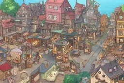 cartoon illustration of a city with a lot of shops and people, studio ghibli concept art, mit technology review, interconnections, quaint village, monkey island, boardgamegeek, stacked houses, webtoon, by David B. Mattingly, by Kelly Sueda, steampunk air haven