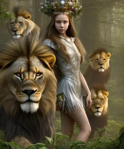 Young beautiful girl wearing floral crown and standing next to a majestic, stunning lion on nature forest path, Chronicles of Narnia, 8k resolution, high-quality, fine-detail, iridescent, intricate, digital art, detailed matte, volumetric lighting, beautiful, illustration, 3D octane render, brian froud, howard lyon, selina french, anna dittmann, annie stokes, lisa parker, greg rutowski,