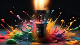 Creative light bulb explodes with colorful paint and splashes on a dark background. Think differently creative idea concept.