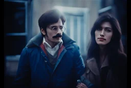 a young man and a beautiful woman standing next to each other, 1 9 8 0 s analog video, with mustache, small glasses, cold scene, out of focus background, house on background, the woman has long dark hair, photo realistic