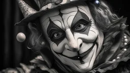 A close-up, black and white, portrait of a jester with a cracked, weathered texture. The jester wears a traditional jester's hat with a bell on one side, and a diamond-patterned mask covering the eyes. The mask is also cracked and peeling, adding to the aged and distressed aesthetic. A ruffled collar frames the jester's neck. The background is textured and appears to be a distressed wall. The lighting is dramatic, casting shadows that emphasize the jester's features and the textures of the image