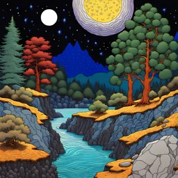 Colourful, peaceful, Max Ernst, Van Gogh, Hiroshige, night sky filled with stars, trees, rocks, waterfall, fish, one-line drawing, sharp focus, 8k, 3d, intricate, ornate, creepy, odd