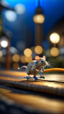 racing mouse crossing tiny bridge on scooter, shot on Hasselblad h6d-400c, zeiss prime lens, bokeh like f/0.8, tilt-shift lens 8k, high detail, smooth render, down-light, unreal engine, prize winning