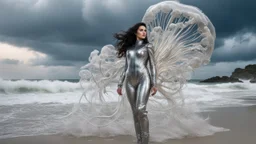 Wide-angle shot of a woman, standing to one side on a beach with huge waves, with dark hair in a silver robotic catsuit, many large jellyfish shaped like mushrooms with tentacles floating in the air, masterpiece, best quality, super detailed