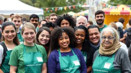 18 volunteers at a multicultural festival in Wandsworth, London: people include cockney, jewish, asian, polish, scottish, black, chinese, indian, japanese, and other nationalities. Young adults, middle aged, and elderly. Realistic detailed beautiful colour photograph