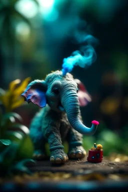 cute fluffy camo toy elephant in the room smoking a cigar in the style of pixar, on a strange planet with weird colors and waterfalls, bokeh like f/0.8, tilt-shift lens 8k, high detail, smooth render, down-light, unreal engine, prize winning