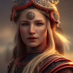 highly detailed girl viking queen, red glass armor, blue delicate braided hair, cinematic lighting, 4k, 8k, octane render, digital concept art, trending on artstation, pinterest, extremely detailed, ambient lighting.