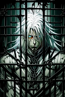 Wagnard Record of Lodoss War, oldschool, insane, ghost in the shell art style, in the art style of Record of Lodoss War, Dark Fantasy, dark knight, tied up in cage, male, white hair,