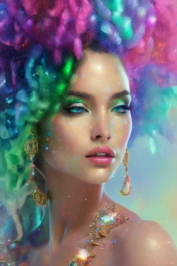 photo realistic painting ((full body)) portrait of ((stunningly attractive)) a woman at a music festival, ((perfect feminine face)), (+long colorful wavy hair), (+glitter freckles), glitter, wearing a dress, intricate, 8k, highly detailed, volumetric lighting, digital painting, intense, sharp focus, art by artgerm and sitting on a magestic chair