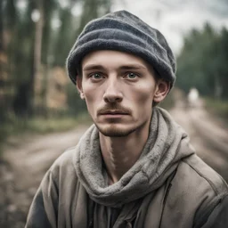 Stereotypical portrait of a young polish rural homeless man