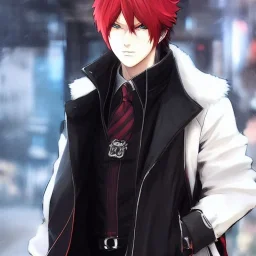 Detailed anime boy, crimson red hair, long classic taper hairstyle, dante dmc5 hairstyle, wolf ears protruding out, white trench coat, intricate details, full body portrait, keep head in frame, slight smile, black Japanese motif, concept art, highly detailed, digital painting, concept art, sharp focus, illustration, art by Yoji Shinkawa, WLOP and greg rutkowski and alphonse mucha and artgerm and yanjun Chen and Junji ito and Makoto Shinkai, HDR, octane render, highly detailed