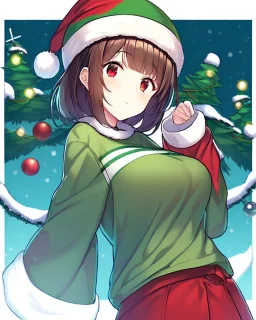 Girl with short brown hair, red eyes, green sweatshirt with a horizontal yellow stripe, he is wearing a Christmas hat, and in the background there are trees in the cold winter with lots of snow,