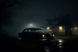on a very dark and heavy thick foggy night a lone car drives away from an dark decaying and neglected house, set in the 1960s era