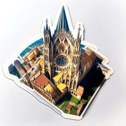 aerial view of a digital artwork of a medieval cathedral as a sticker