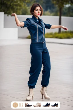 beautiful lady with short hair ,classic jacket and panta stand full body pose pretty boots ,simple background