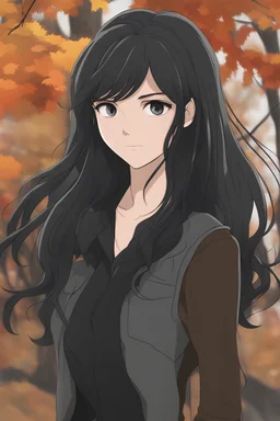 Young woman with long and wild black hair, gray eyes, wearing black and gray clothes, autumn trees in background, c hands, RWBY animation style