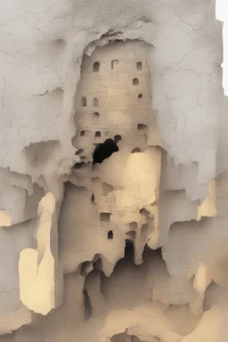 surrealis monochrome A fragmented, surreal sculpture liguid color of photorealistic image 3d,psychedelic art of an castle glossy emerging from dreamlike a crumbling building. The face appears pale with deep cracks and intricate details, evoking a haunting expression. Blackened tree branches intertwine with the gold mengkilat cracks, set against a backdrop of stormy, cloud-filled skies. bauhaus art The overall tone is dark and moody, suggesting themes of decay and transformation.