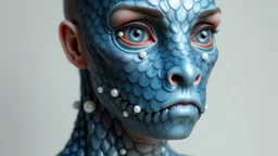 Prótesis facial de criatura marina mística, escamas de silicona iridiscentes integradas perfectamente en la mandíbula y el cuello, branquias laterales detalladas, perlas incrustadas alrededor de los ojos y una paleta de colores azul cobalto y espuma de mar.
