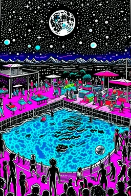 techno rave party in 80's with swimming pool on the moon full