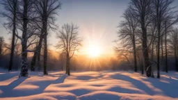 afternoon, sunset, snow, trees, sun, sky,