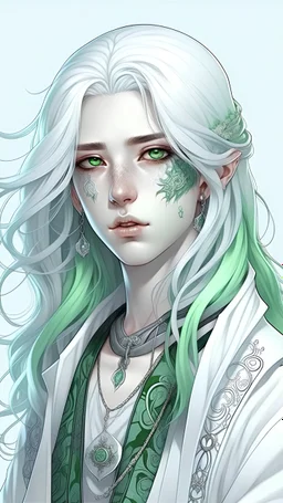 Realistic brutalist anime art style. Avien, a short lean, porcelain skin with few scars. Ice green eyes. Very long white hair with wavy texture in a braid. With many tattoos and piercings. Wearing an open jacket with faint patterns that shimmer. Silver plating covering most vulnerable areas.
