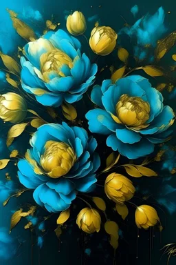 painting of turquoise Peonies flowers with gold flowers in center of canvas dark blue background