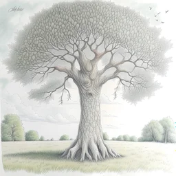 tree, colored pencil drawing, realistic, serene, landscape, detailed