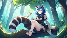 Girl, blue hair, raccoon ears, raccoon tail, raccoon face, forest, sit on tree, raccoon paws on hand, paws on foot,