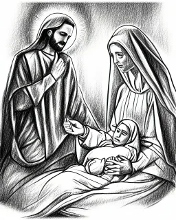 Mary Joseph jesus pencil sketch nativity