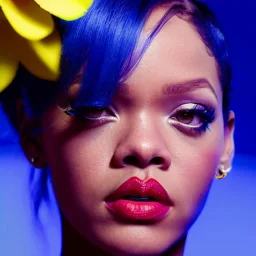 Rihanna as smurf with yellow flowers for hair,zoom eyes, closed eyes, rtx, reflection, 8k, glow, winning photography, caustics