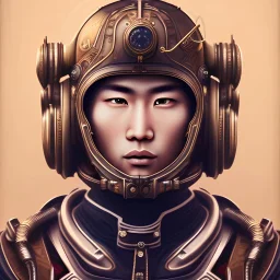 asian man with helmet, steampunk, very detailed, close up, with planets in the background.