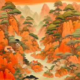 A light rosy orange colored oriental gorge with pandas designed in Chinese paper art painted by Qiu Ying