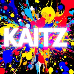 A vibrant and colorful artistic representation of an 4D logo. The logo is only a word: KATZ in a captivating and unique style. The bright, bold white letters are illuminated with vivid white. The Katz logo is the central focus. Surrounding the KATZ are abstract patterns and shapes in a myriad of colors, including all colors, especially blues, reds and yellows. Some of these patterns resemble fluid or paint splatters, while others have a more structured, almost psychedelic appearance. The overall