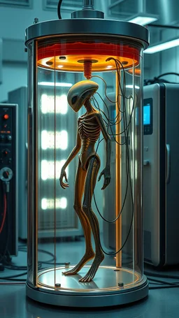 Sleeper in tube cabinet made of glass filled to the top with honey coloured liquid , in a laboratory inside it a half alien and a half human creature body standing vertically inside , connected with wires and electrical wires , the human standing in side, a high tech equipment in the background ,4K, cinematic, high resolution