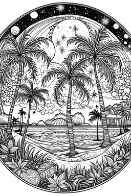 Mandala of moonlit beach with starlit palm trees, in black and white with distinct lines, perfect for an adult coloring book, contour, vector, clean line art, isolated on a white canvas