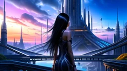 skinny sci-fi girl with long dark hair on an alien planet with tall spires, buildings, bridges, and arches