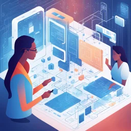 [in the context of Data Curation and Artificial Intelligence] women and men from the industry thinking together in front of a complex blueprint with flowcharts, they are considering use cases. They are surrounded by cables and data storages