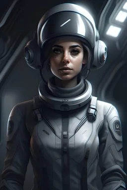 A DIGITAL ART portrait of a sci-fi pilot woman. Style from The Expanse. She is 30 years old. She has a pilot helmet. She is reckless. She has got dreams. Her eyes are beautiful and bright. Grey. whole body standing across room