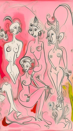 A pink realm with fairies in stylish ink drawing painted by Pablo Picasso