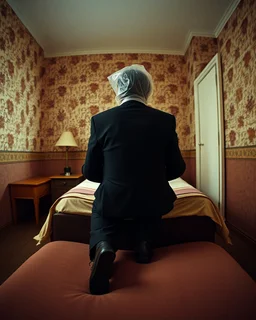 man with plastic bag over his head sits on the edge of a bed with his feet on the ground, facing camera, inside an old, 70s style motel room with tacky wall paper. he is wearing a black suit with a melincholy attitude. there is a box tv facing away from camera, illuminating his front. from this view, you cannot see the front of the tv. full room view, super wide shot, 24mm lens view, film syle.