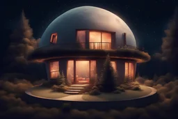 a small circular piece of land flying in the sky, containing a huge circular house, The house is comfy, warm, and peacefull. Add firelights, warm lamps, christmass trees, and beautiful night sky, Surreal style, dreamy