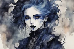 an deeply abstract ink wash and watercolor illustration of a Goth vampire girl with highly detailed hair and facial features , in the abstract expressionist style, indigo and jasper, ragged and torn Victorian costumes, hard , gritty, and edgy depictions, full body, fullshot, vibrant forms, Shironuri and Mori Kei aesthetic, ethereal, otherworldly