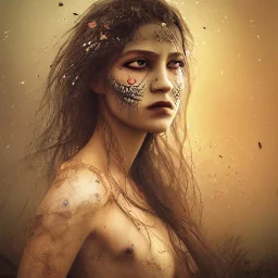 butterfly slumlord gypsie, A soft portrait of a woman, insane facial make-up detail, ambient detail, depth of field, dirty make-up, crystalized complimentary colors, queen, atmospheric, realistic, unreal engine, lighting, octane render, proportional, national geographic haze,