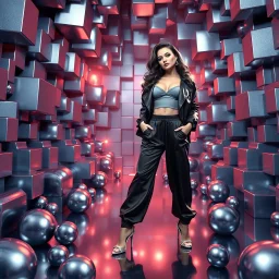 make a picture pretty stage made of metallic blue-gray teme 3d fractal recursive cubic and sphere base structures and a beautiful fashion model lady posing with cute,with baggy style trousers with a tight top and jacket,silver high heels ,makeup curvy long hair,dynamic camera zoom to full body and pan, dynamic lights.
