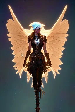 steampunk angel flying in a starry night, pale, golden glow, majestic