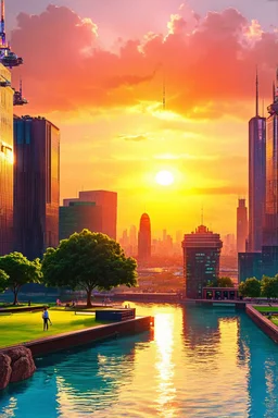 Amazing colorful sunset, buildings, lake, rock, city, park, cyberpunk, sci-fi, photography