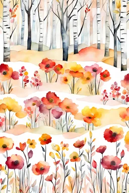 red, orange, yellow, pink flowers before birches. stylized watercolor, extremely textured botanical theme